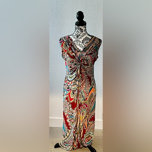 KATE & MALLORY Multicolor Front Knot V-Neck Sleeveless Long Maxi Dress Sz M - Picture 6 of 10